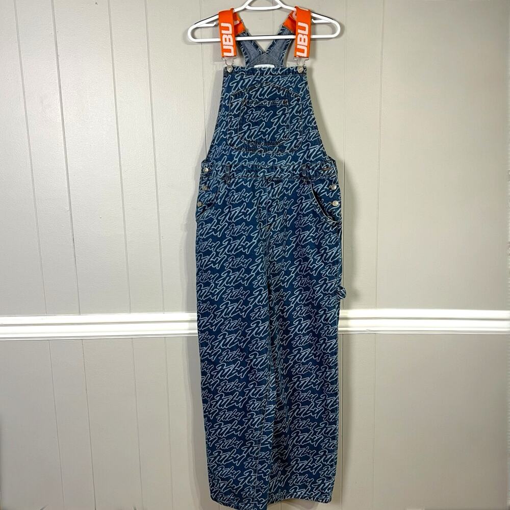Denim Bib Overalls Large FUBU x Forever 21 Logo Print Hip Hop Graffiti Orange